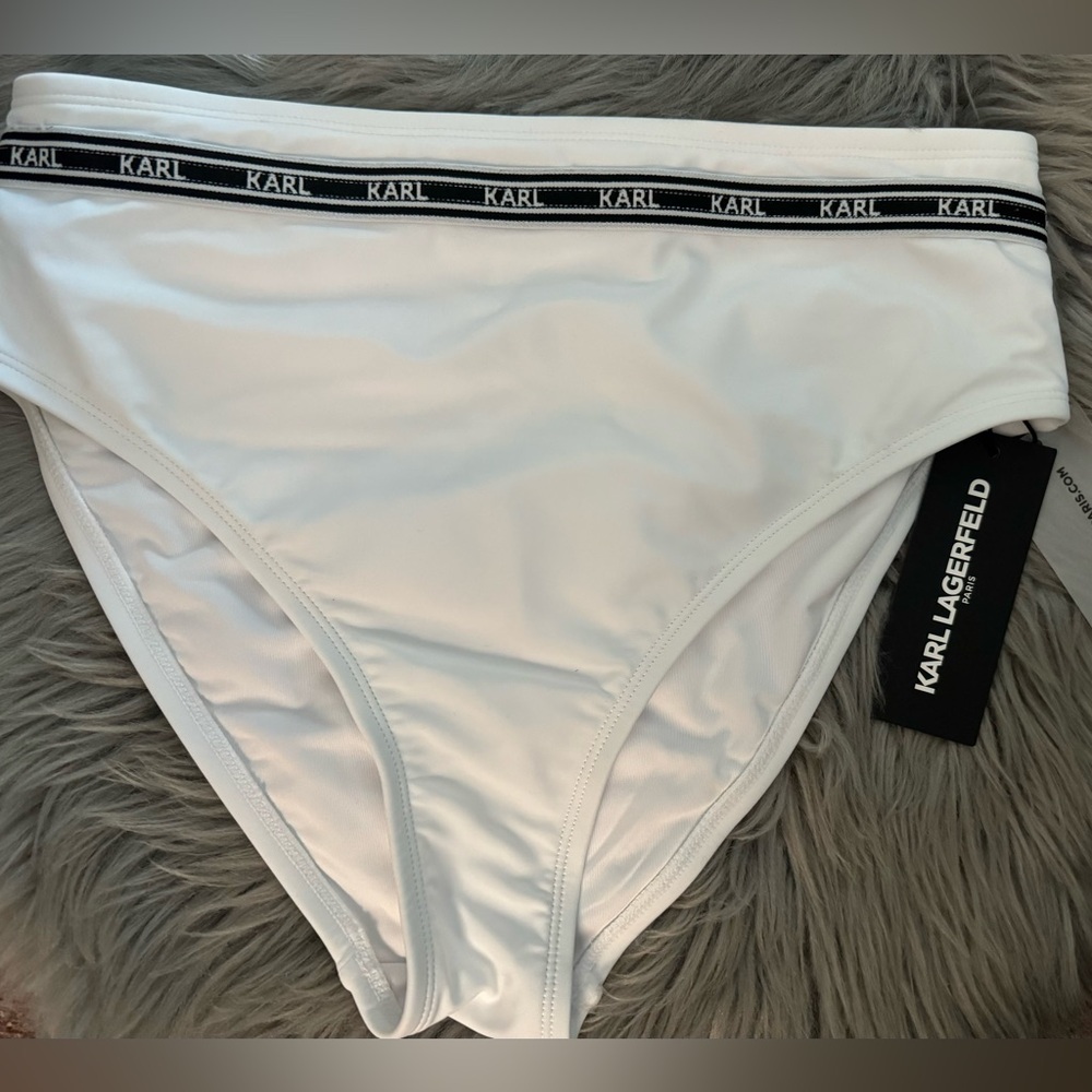 KARL Lagerfeld Logo Bikini Bottom White High Waist Beach Swim Women's Sz M NWT